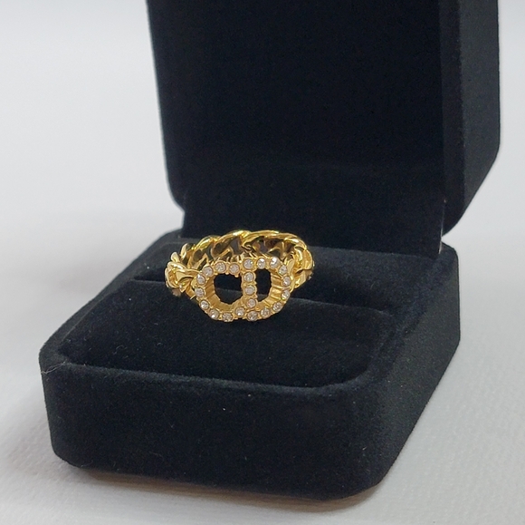 CHRISTIAN DIOR CD Logo Rhinestone Gold Tone Ring - Picture 1 of 9